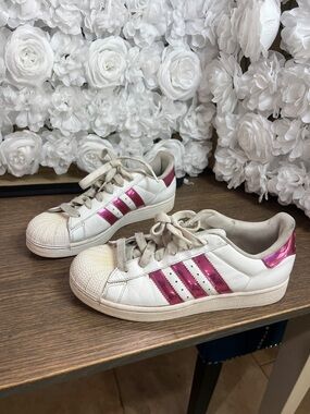 adidas White Sneakers with Metallic Pink Stripes and Heel
